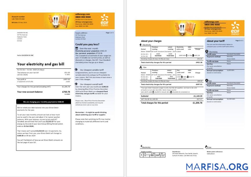 Printable United Kingdom EDF business utility bill template in Word and PDF formats, 3 pages